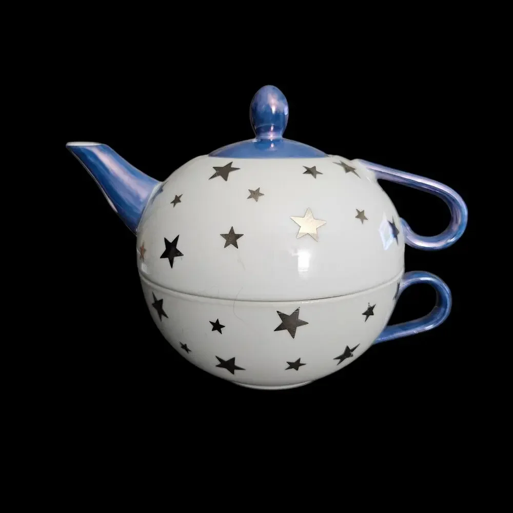 C&R Porcelain Japan Stacking Teapot Cup Blue Silver Stars Natural Wonders